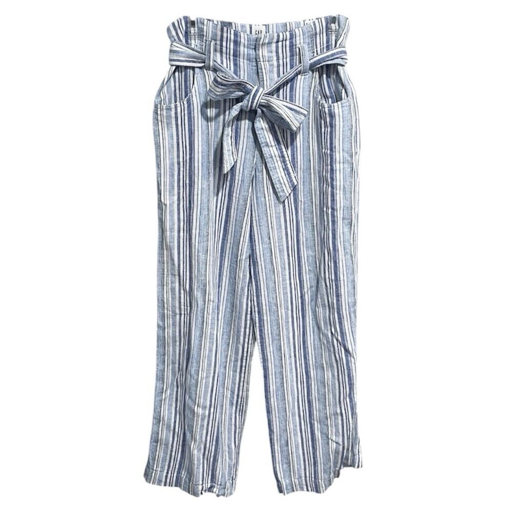 Gap Womens Linen Blend Wide Leg Pants Size 8 Blue White Waist Tie Stripe Coastal